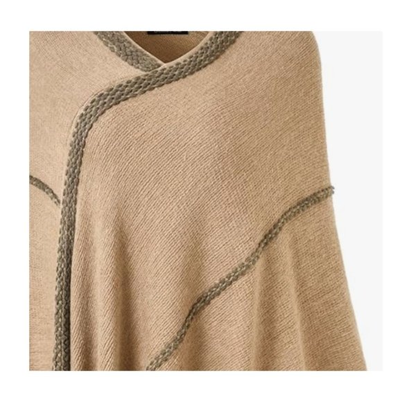 Khaki Poncho Sweater Cover Up Wrap Shawl Trendy Soft Knit Fall Fringe Womens Top - Picture 4 of 6